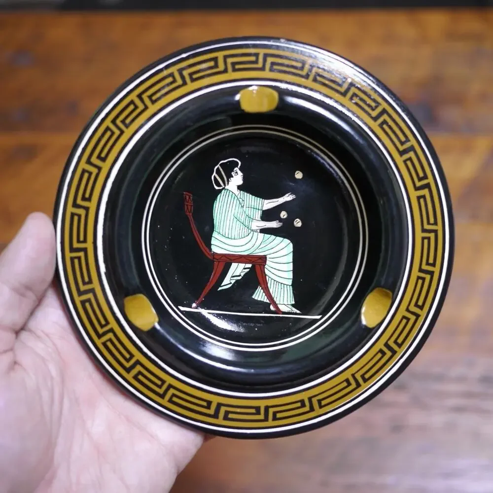 Vintage Retro Mid Century Handmade Classical Greek Painted Pottery Ashtray Dish